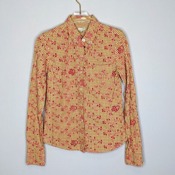 Anthropologie Odille Yellow Gingham Print Embroidered Eyelet Button Up Size 0 - Picture 1 of 9